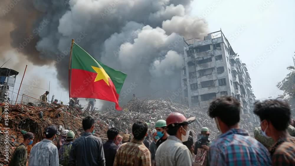Aftermath of Conflict: Flag Flies Amidst Rubble and Smoke, a Symbol of Resistance