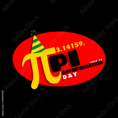 Pi Approximation Day to celebrate on July 22nd. Golden Pi mathematical symbol wearing a birthday hat with bold text in frame on black background.