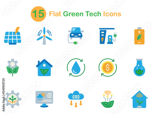 Flat vector icon set illustrating green technology themes including solar panels, wind turbines, electric vehicles, recycling, and smart grid, ideal for sustainability-focused designs.