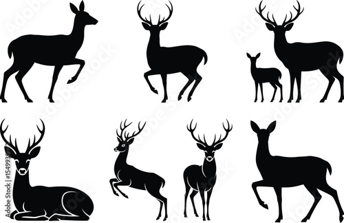 Silhouette vector illustration of deer in various positions including standing, walking, jumping, and resting bucks, does, and fawns