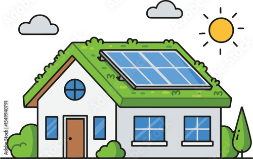 Eco-Friendly Abode: A charming, sustainable house with solar panels on its roof, highlighting eco-conscious living and renewable energy. The vibrant image showcases a commitment to a greener future.
