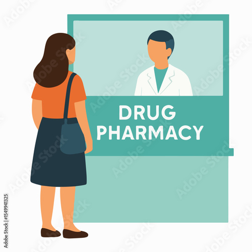 flat vector woman on drug pharmacy