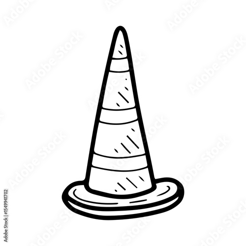 Road cone. Hand drawn doodle vector. Equipment for restricting dangerous sections of the road. Temporary fencing. Plastic object. Illustration line art element.