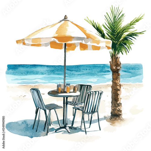 Beachside Cafe Summer Vibes, watercolor drawing vector, isolated on a white background.