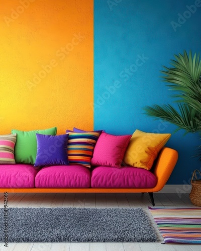 Vibrant Living Room Decor: A stylish fuchsia sofa adorned with colorful throw pillows sits against a bold orange and blue wall, creating a lively and energetic atmosphere.