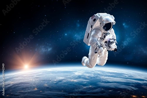 A man in a spacesuit is flying through space. Concept of adventure and exploration, as the astronaut is venturing into the unknown depths of space