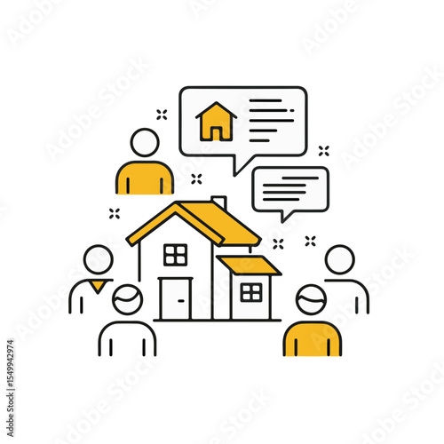 House viewing illustration with real estate agents and a potential buyer.