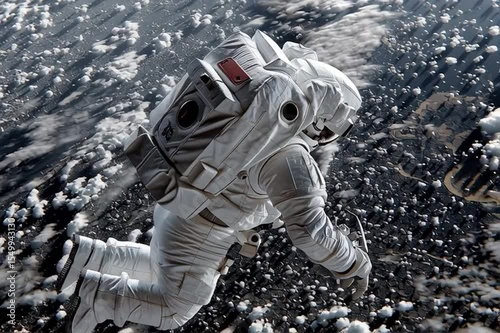 A man in a spacesuit is flying through space. Concept of adventure and exploration, as the astronaut is venturing into the unknown depths of space