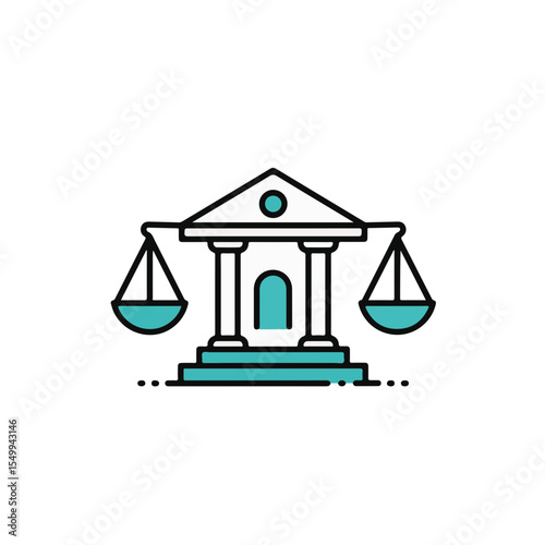 Symbolic representation of justice through a building with scales.