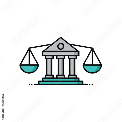 Law and justice concepts depicted through the scales of justice and courthouse architecture.