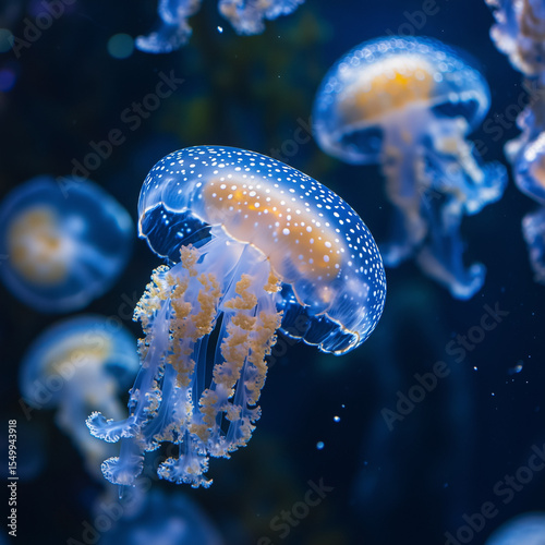 Glowing jellyfish floating in dark ocean