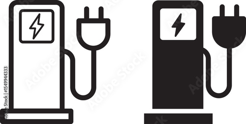 Electric car with plug icon symbol in outline and flat style , EV car, Green hybrid vehicles charging point logotype, Eco friendly vehicle concept. Vector illustration
