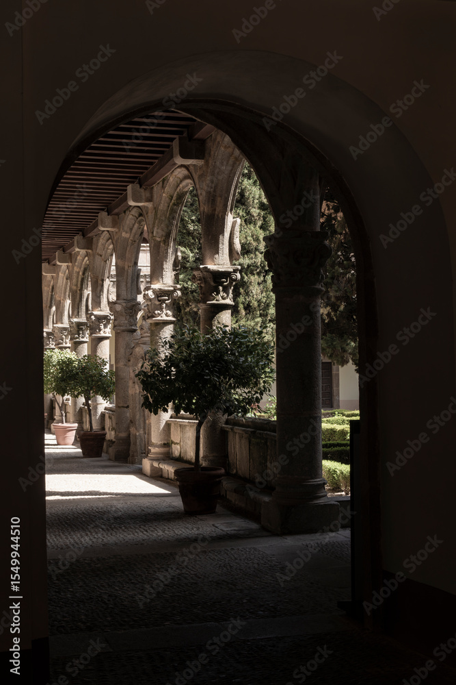 Fototapeta premium Sunlight entering cloister with plants and stone columns