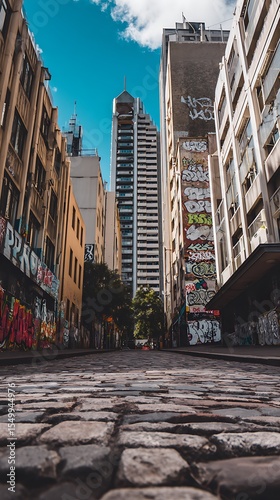 Urban alley with graffiti and skyscrapers