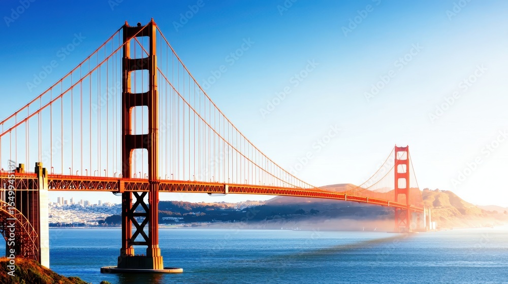 Obraz premium Golden Gate Bridge at Sunrise with Clear Blue Sky and Water