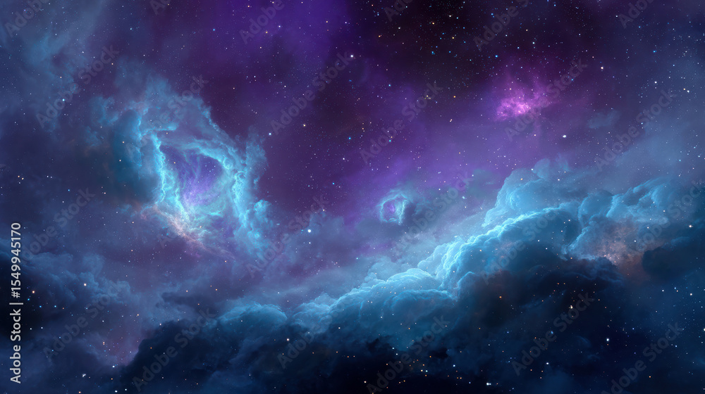 Fototapeta premium Space background with colorful nebula Galaxy Cloud. Bright galaxy shimmering neon blue purple colors with distant stars. Mysterious alien star system purple green planets orbiting a bright glowing sun