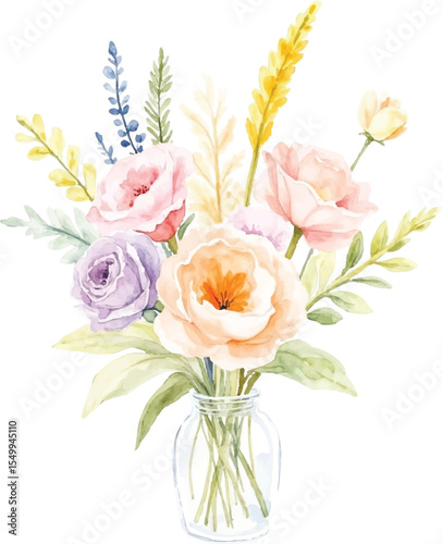 Beautiful watercolor floral arrangement featuring soft pink peach and lavender roses with delicate greenery and dried grasses in a glass vase isolated on transparent background