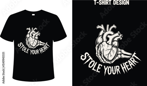 Stole your heart t shirt design anatomical heart skeleton hand graphic tee unique gift idea for goth lover editable stock vector