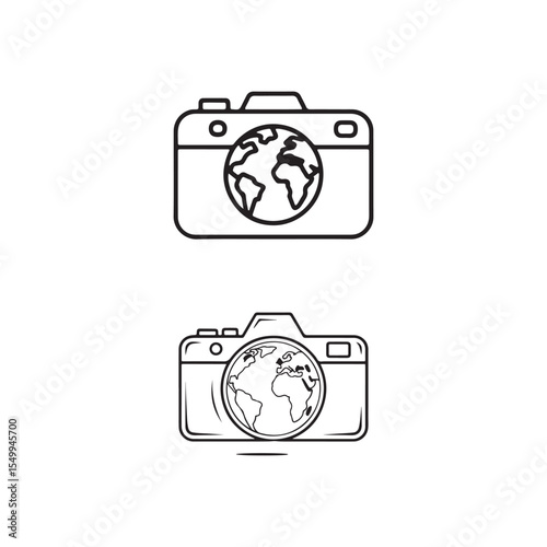 Outline Illustrations of Cameras With Globe Motif Representing Travel and Photography
