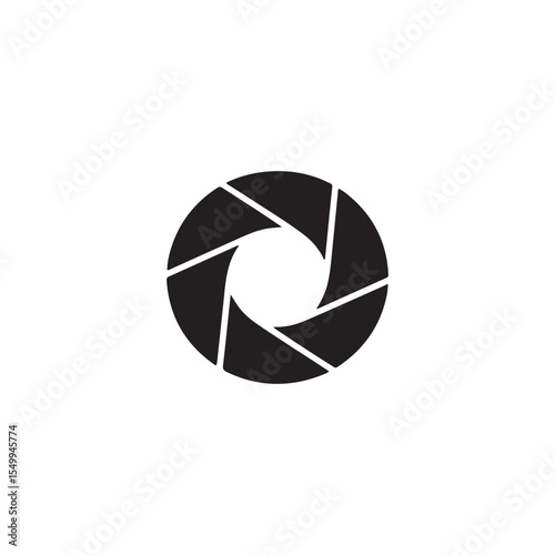 Abstract black camera aperture blades forming a circular pattern on a white background. Representing Photography Symbol
