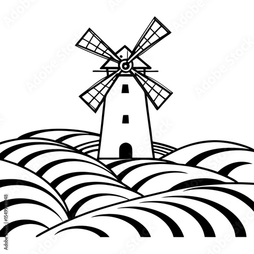 Windmill Vector Graphic Black and White Farm Field Design