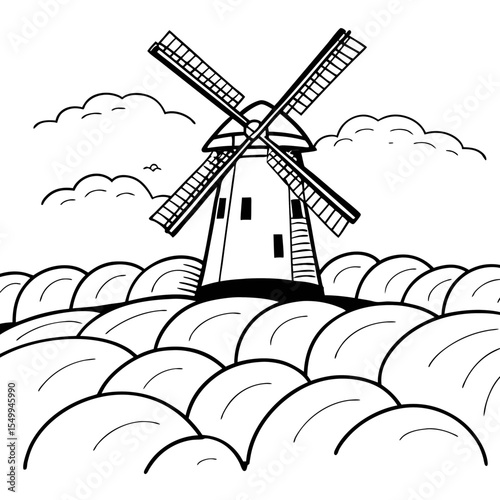 Windmill Black and White Vector Graphic Outline Illustration