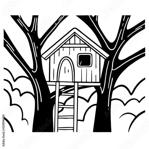 Black and White Treehouse Illustration Vector Design Art Graphic