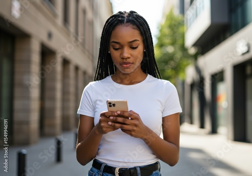 A beautiful young woman with long braids using her phone while walking outdoors