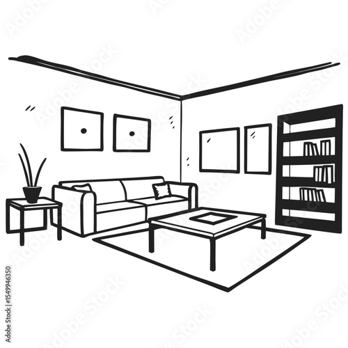 Modern Line Art Living Room Interior Illustration Vector Graphic