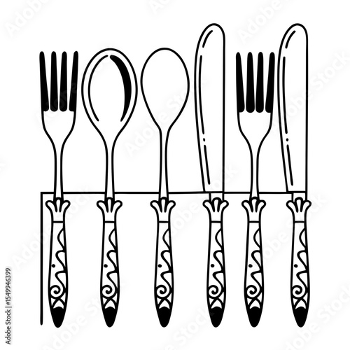 Black and White Silverware Vector Illustration Line Art