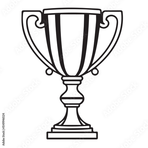 A stylized black trophy or cup with a wide base, handles, and a central striped design, outlined in white.