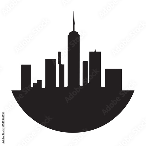 A stylized black cityscape silhouette with prominent buildings and a central spire, set on a curved base against a white background.