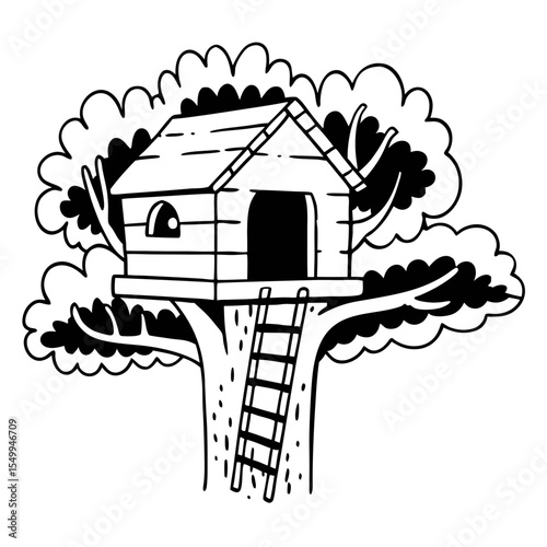 Treehouse Vector Illustration Hand Drawn Line Art Tree House