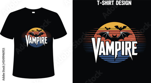 Vampire bat halloween t shirt design retro sunset horror graphic tee shirt for halloween party gifts idea editable stock vector
