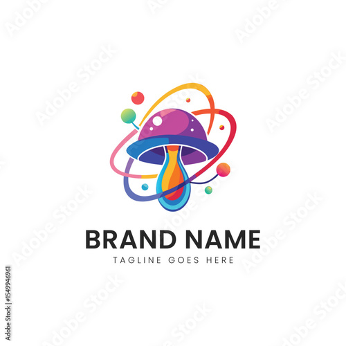 A colorful and modern logo depicting a mushroom surrounded by vibrant, swirling orbits, conveying creativity and innovation in a whimsical design.