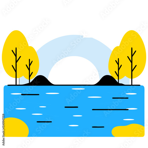 Water landscape icon with trees and river
