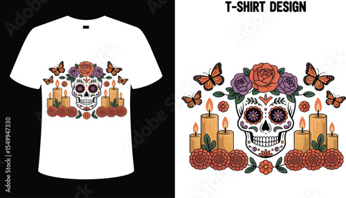 Dia de los muertos t shirt design with sugar skull flowers candles and butterflies vector graphic tee art editable stock vector
