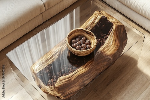 Modern design coffee table with a glass top and wooden base, in which there is an oak log