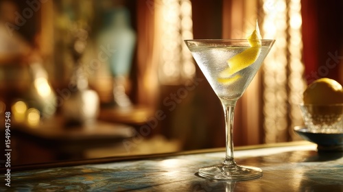 Sleek Vesper Martini chilled with silvery sheen and lemon peel twist on a softly blurred 1930s speakeasy under perfect lighting