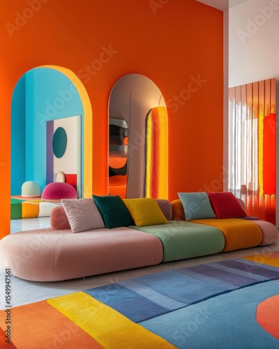 Modern Colorful Living Room Design: A vibrant and stylish living room features a modular sofa in pastel shades, complemented by a multicolored rug and bold orange walls.