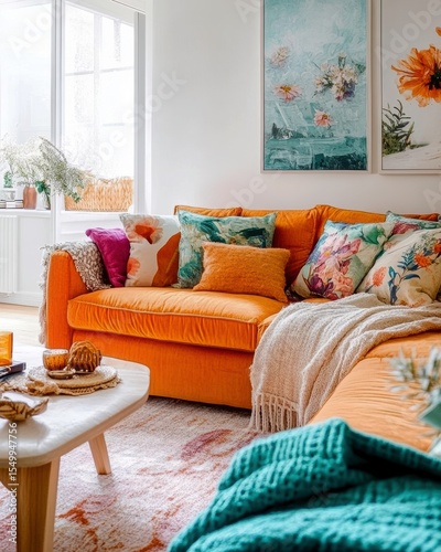 Cozy Living Room: An inviting orange sofa, adorned with a collection of colorful throw pillows and a warm blanket, creates a welcoming atmosphere, perfect for relaxation and comfort.