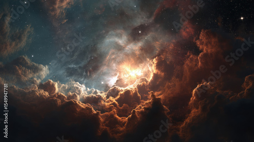 Space background with colorful nebula Galaxy Cloud. Bright galaxy shimmering neon blue purple colors with distant stars. Mysterious alien star system purple green planets orbiting a bright glowing sun