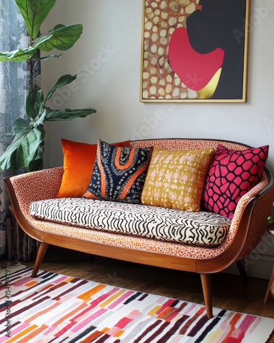 Stylish Sofa with Pillows: A beautifully designed sofa adorned with vibrant pillows takes center stage within a chic, artful interior, complete with a colorful rug and elegant artwork.