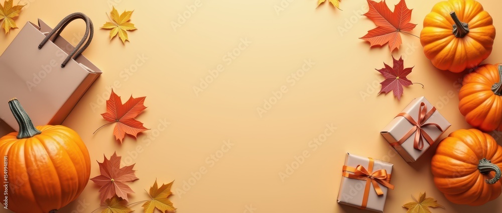 Fototapeta premium Thanksgiving banner mockup featuring autumn decorations with pumpkins and leaves for festive celebrations. Copy space