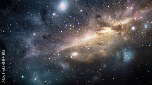 Space background with colorful nebula Galaxy Cloud. Bright galaxy shimmering neon blue purple colors with distant stars. Mysterious alien star system purple green planets orbiting a bright glowing sun