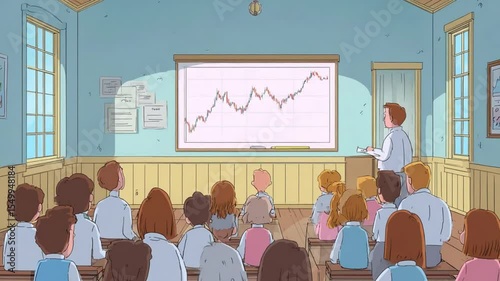 Engaging animation of a classroom scene with students learning about financial markets