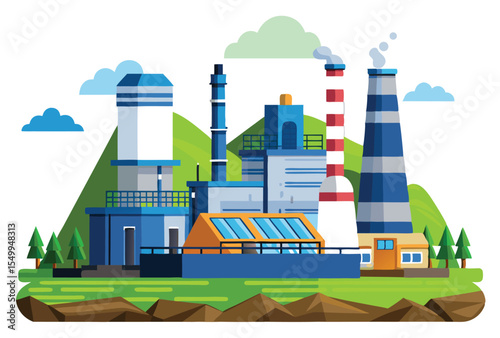 Nuclear power plant vector illustration with cooling towers and chimneys in flat design