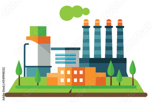 Nuclear power plant vector illustration with cooling towers and chimneys in flat design