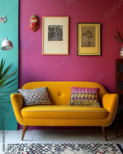 Colorful Cozy Living Space: A vibrant living room decorated with eclectic art pieces, a yellow sofa with patterned pillows, creating a sense of comfort, art and modern home decor. 