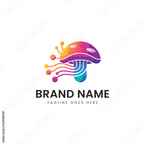A vibrant and colorful mushroom logo design with abstract lines and circles, representing creativity and innovation. Ideal for tech or eco-friendly brands.